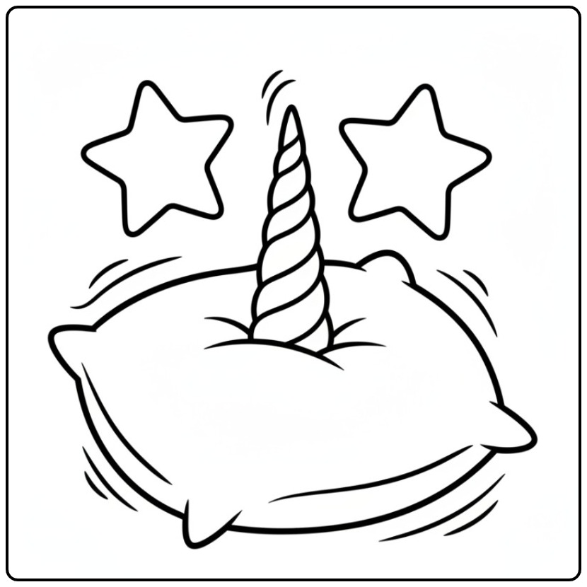 Zacht kussen met een magische unicorn hoorn kleurplaat en sterren.