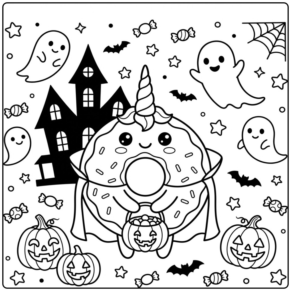 Vrolijke Halloween donut eenhoorn kleurplaat met pompoenen.
