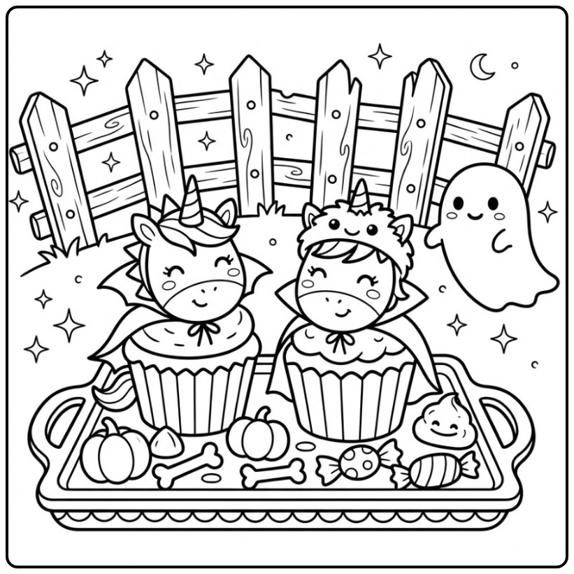 Schattige Halloween eenhoorn cupcake kleurplaat met een spookje.
