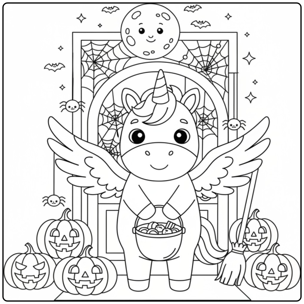 Een vrolijke Halloweenkleurplaat eenhoorn met vleugels en snoep.