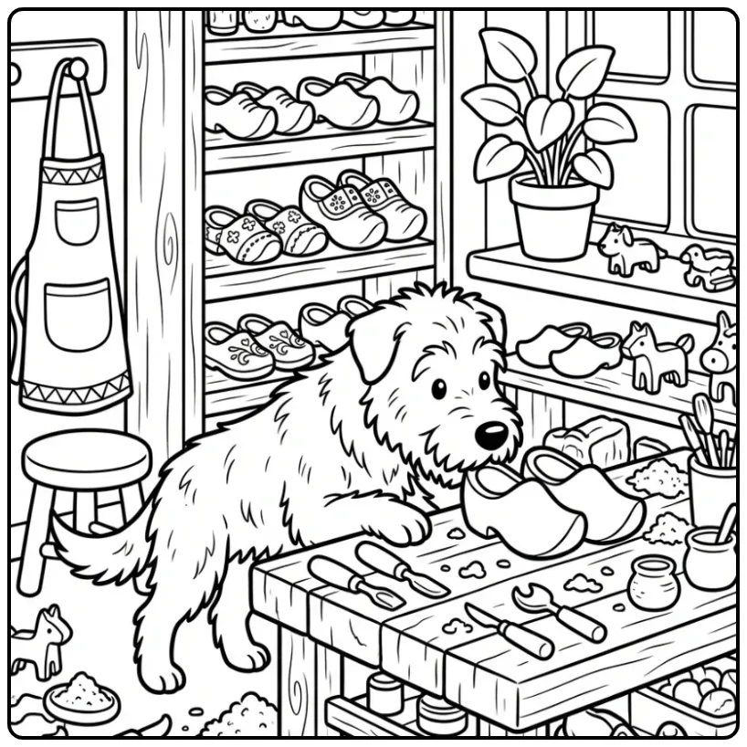 Een ruwharige herder als kleurplaat hond volwassenen in een werkplaats.