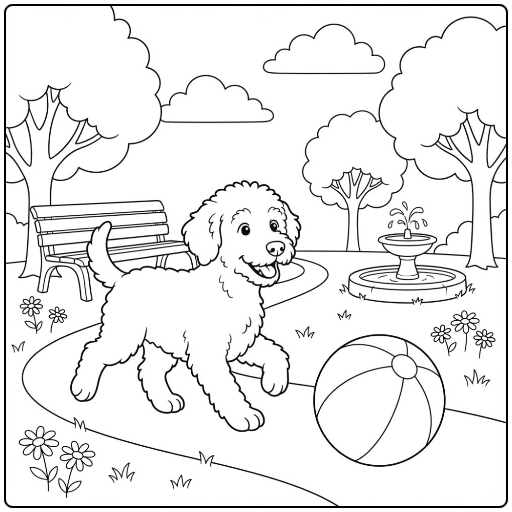 Een vrolijke kleurplaat labradoodle die in het park speelt.