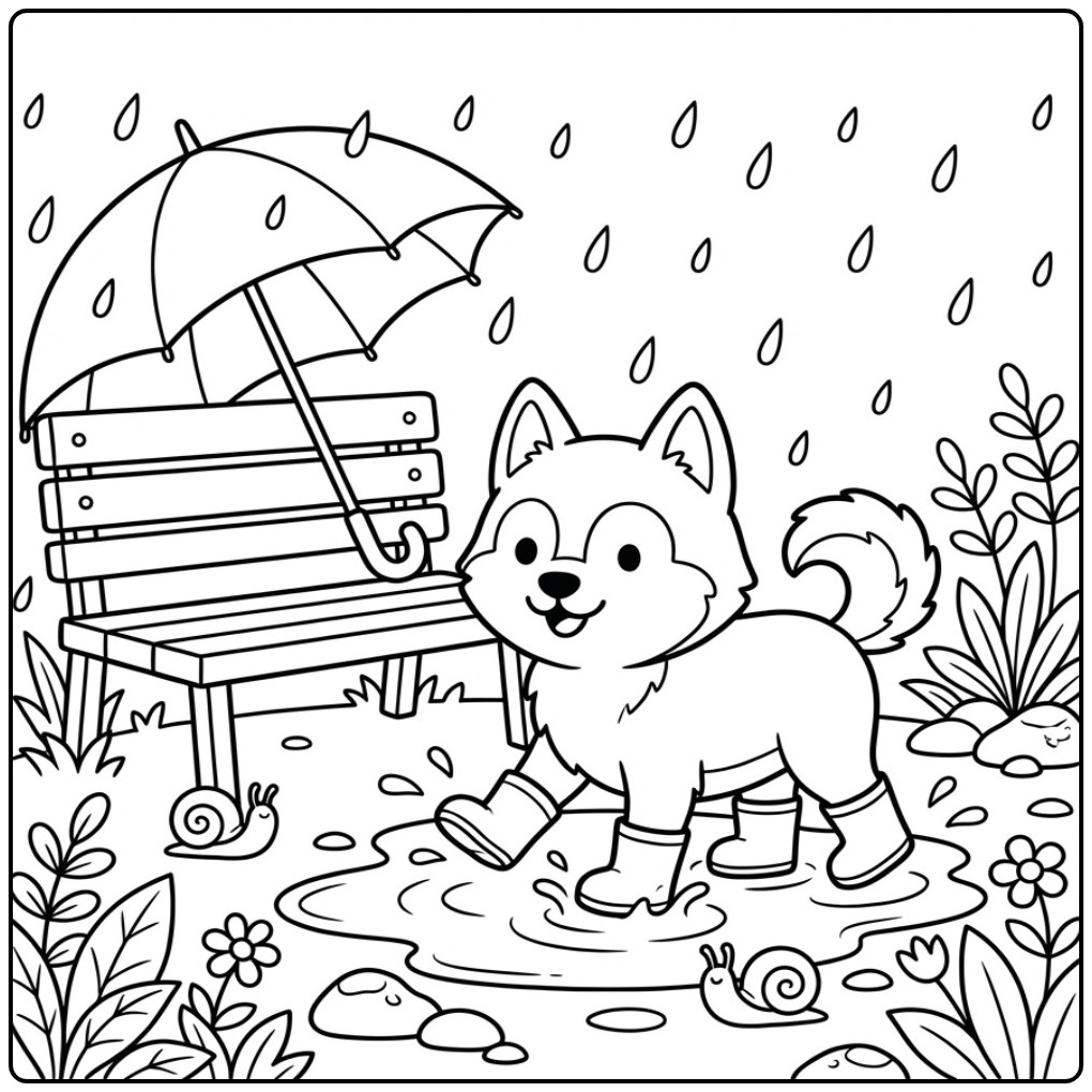 Een vrolijke kleurplaat husky die in een regenplas spettert.