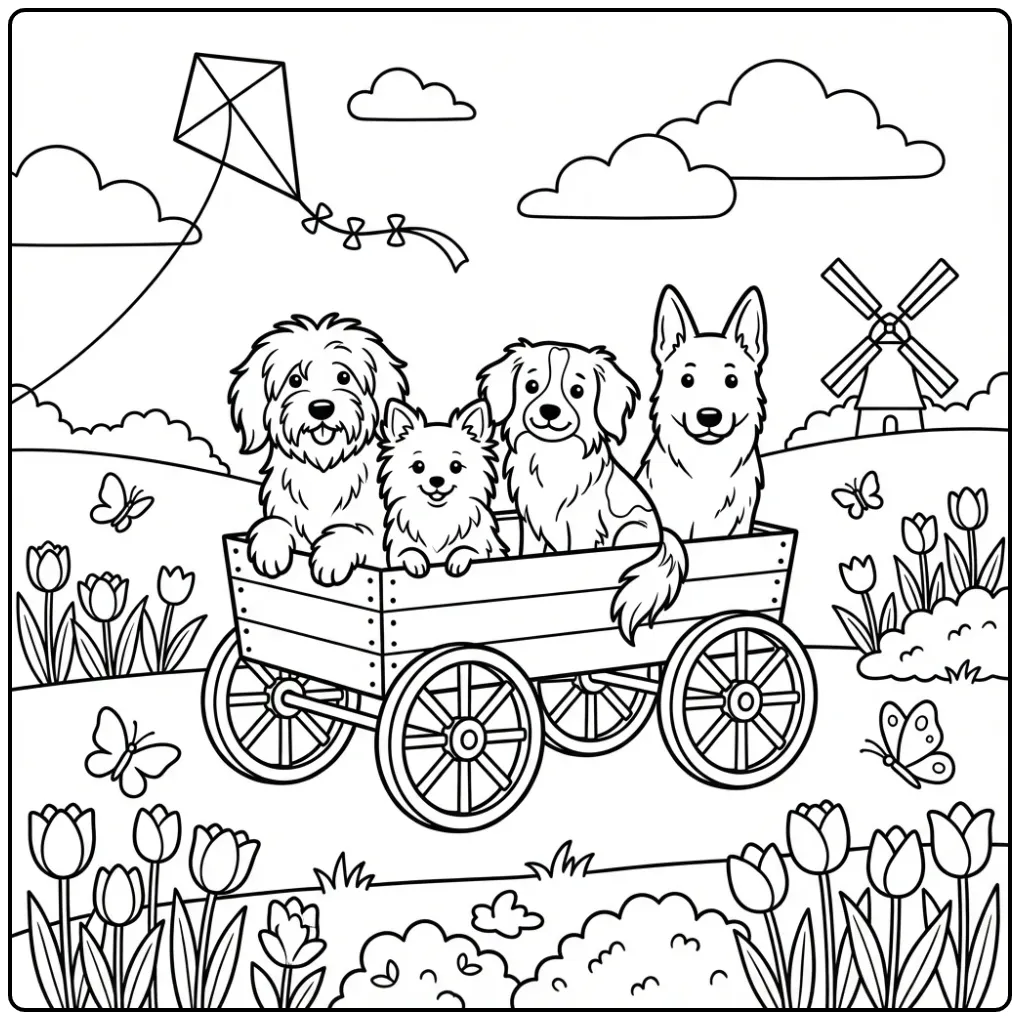 Een honden kleurplaat makkelijk met vier rassen in een wagen.