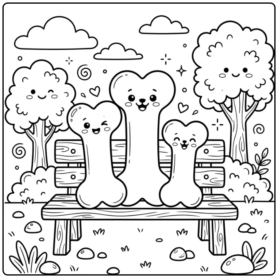 Vrolijke hondenbot kleurplaat met drie vrienden op een bankje