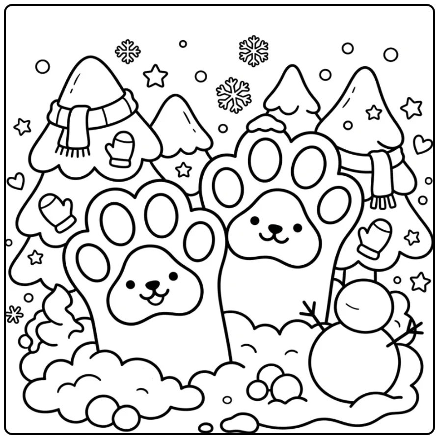 Vrolijke winterse hondenpoot kleurplaat in de sneeuw.