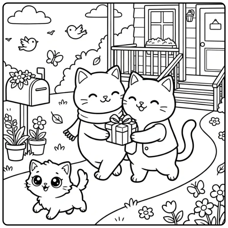 Vrolijke katten kleurplaat met een kitten en cadeautje.