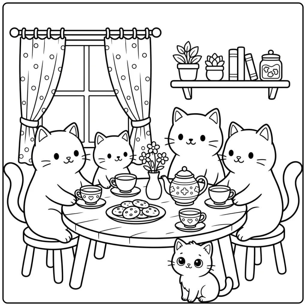 Gezellige katten kleurplaat met thee en koekjes.