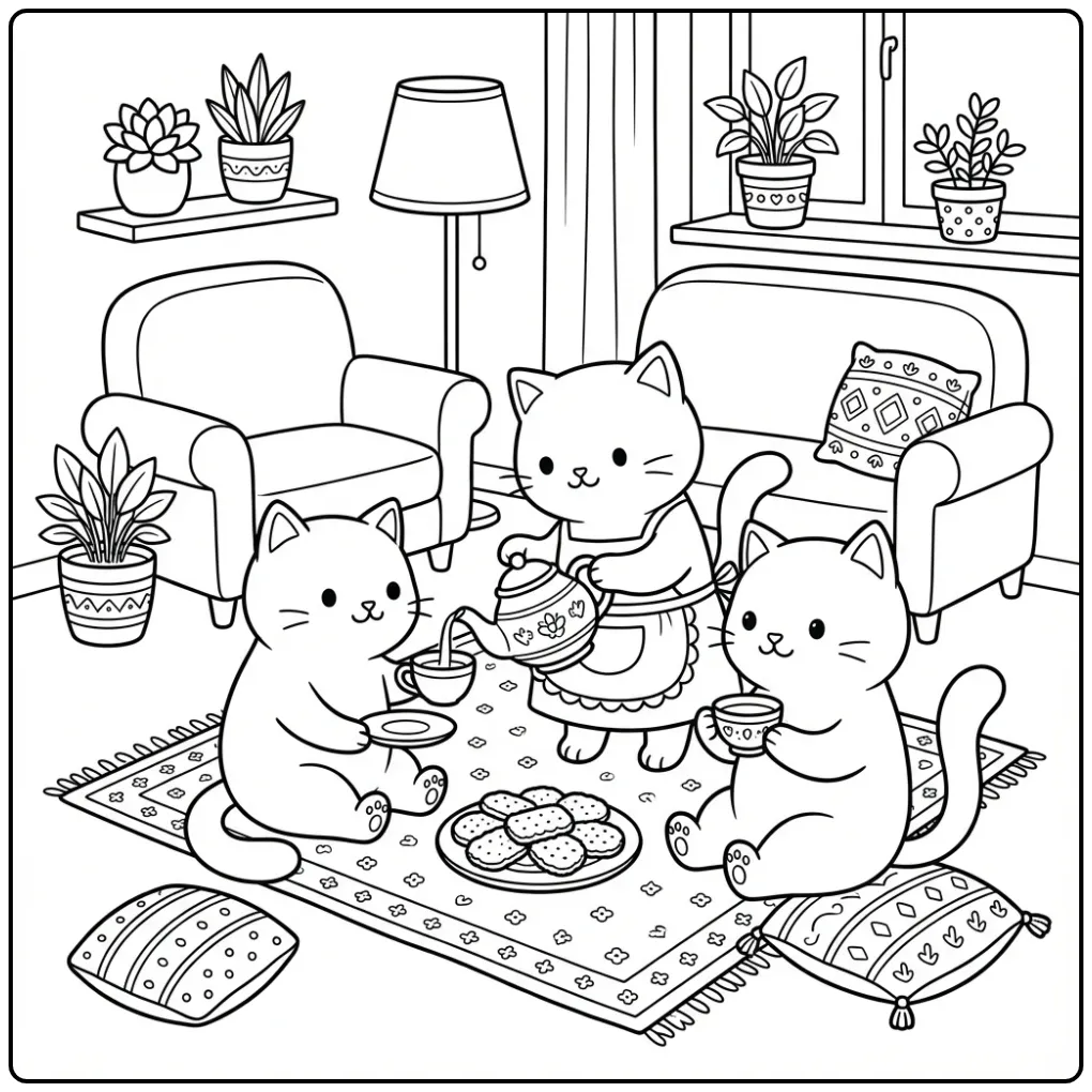 Gezellige katten kleurplaat volwassenen met een theekransje.