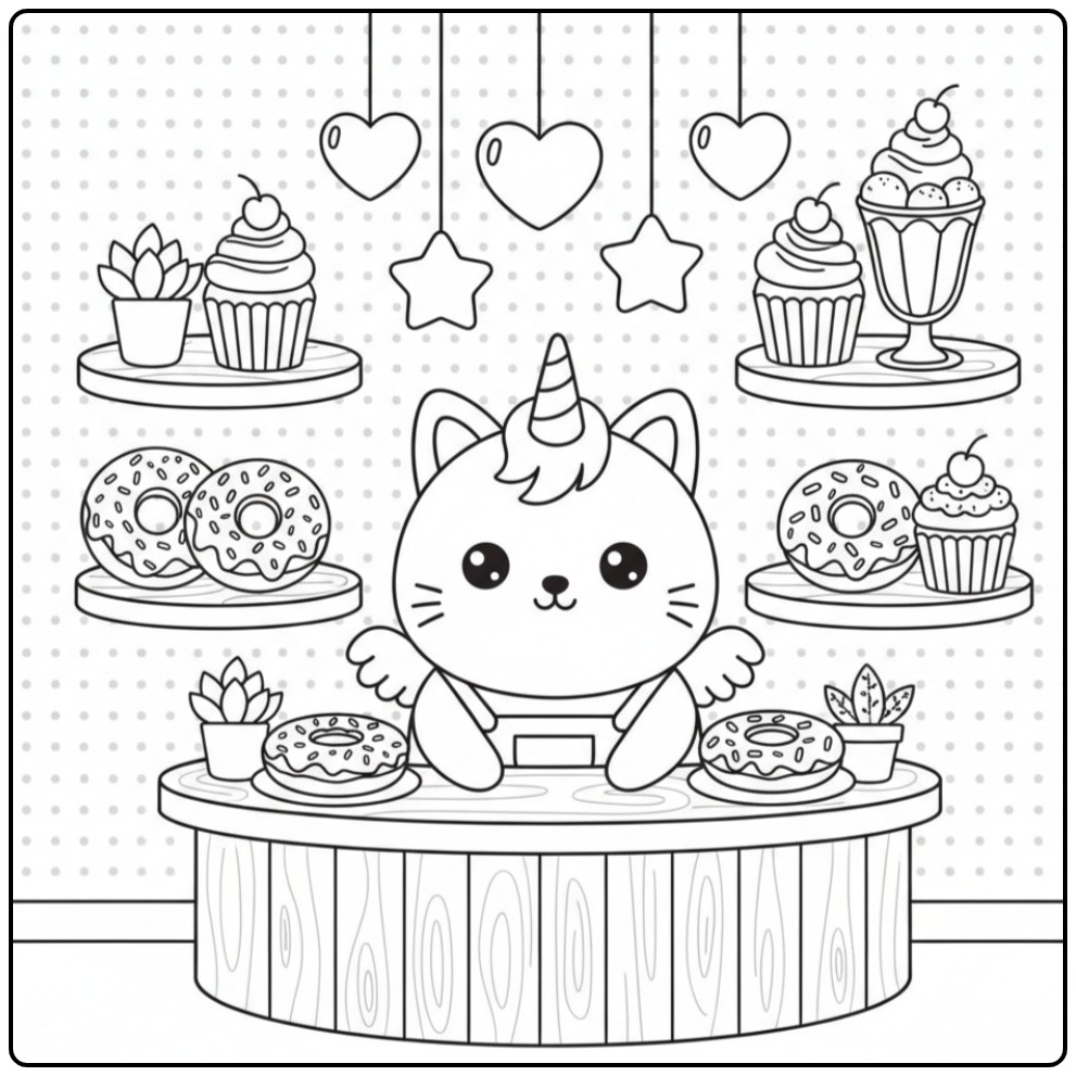 Schattige Kawaii Eenhoorn kat Kleurplaat in een snoepwinkel.