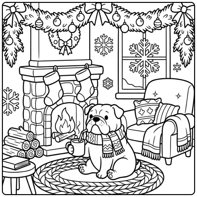 Gezellige kleurplaat bulldog met een warme drank bij de haard.