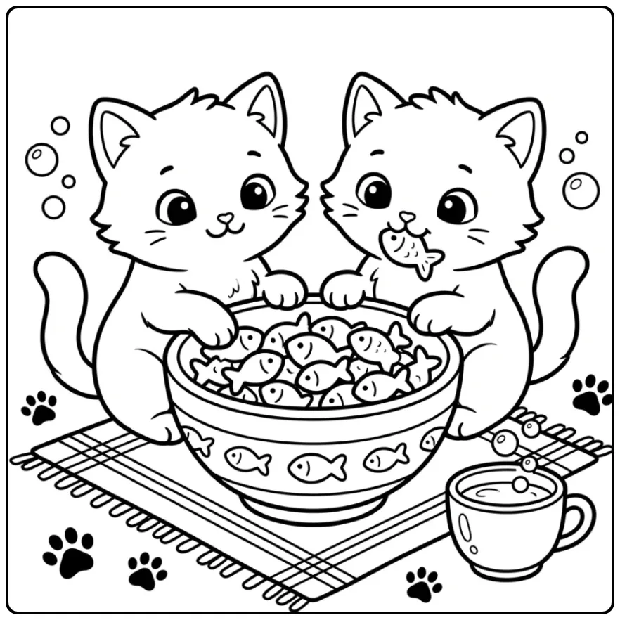 Twee katten delen snacks op deze kitten kleurplaat makkelijk.