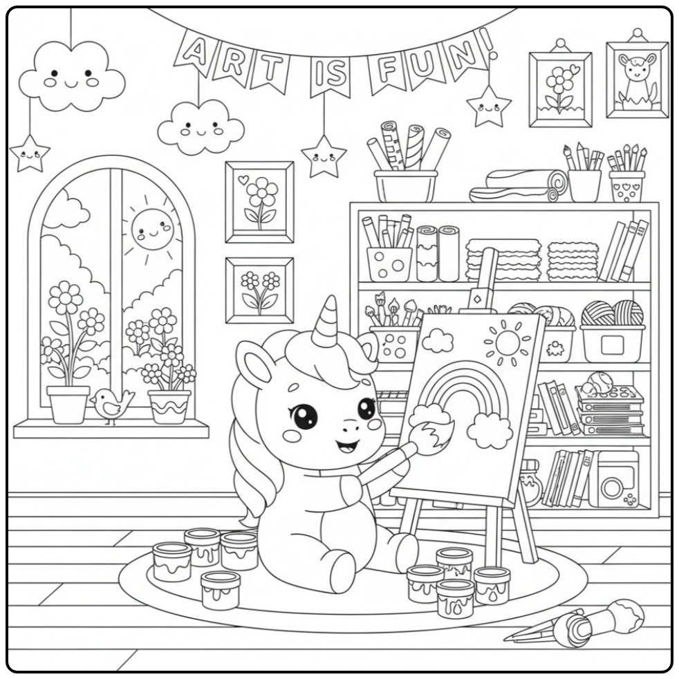 Kleurplaat baby unicorn op school die een regenboog schildert.