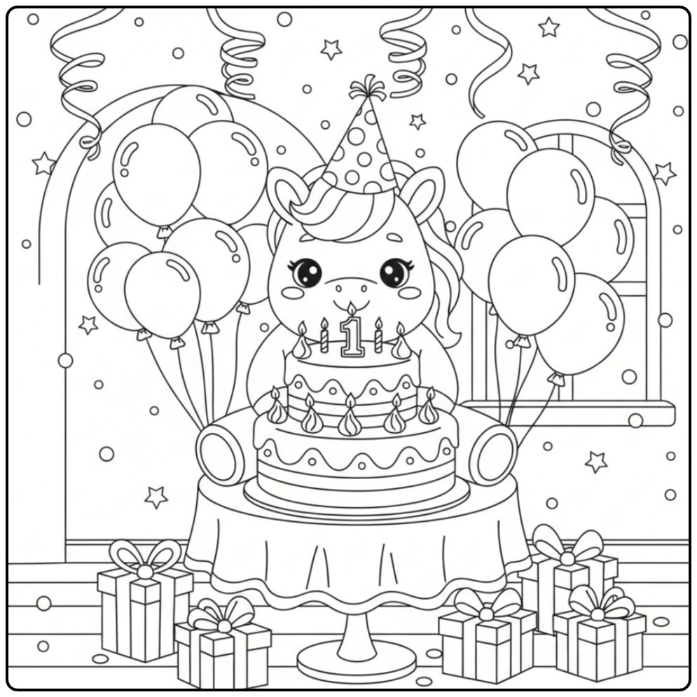Schattige Kleurplaat baby unicorn op verjaardagsfeestje met taart.