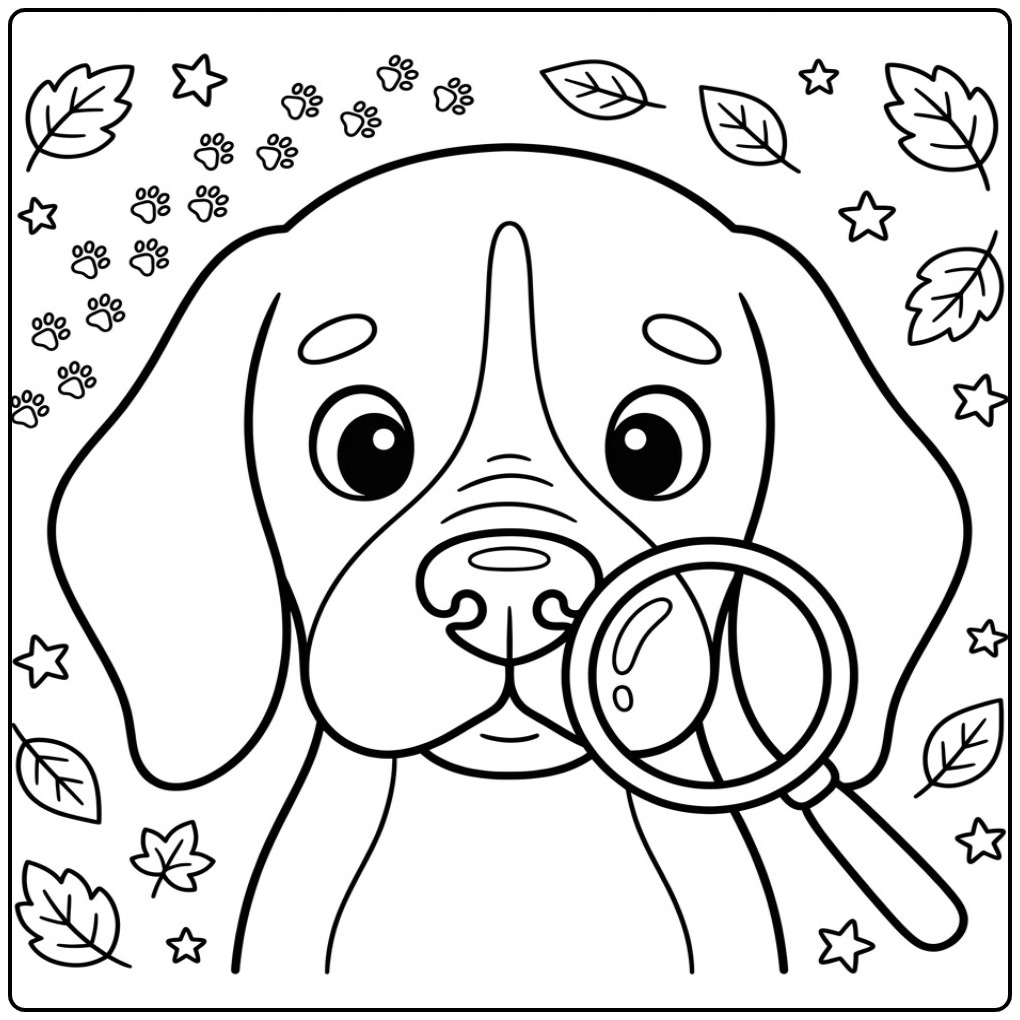 Een lieve kleurplaat beagle als detective met een vergrootglas.