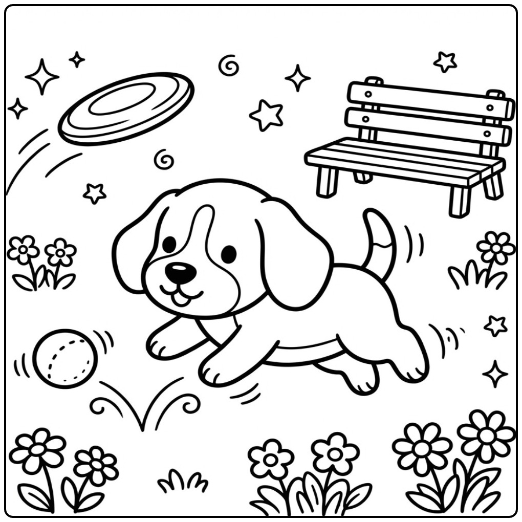 Een schattige kleurplaat beagle die vrolijk in het park speelt.