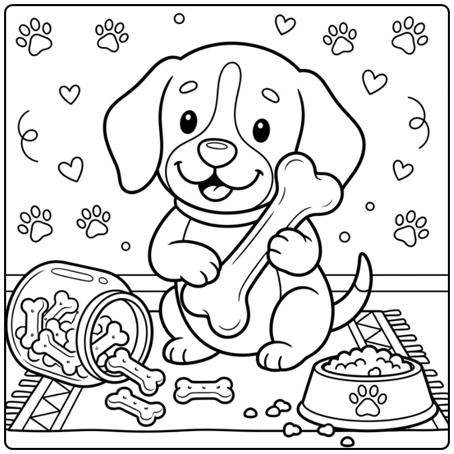 Een schattige kleurplaat beagle pup met een groot bot en koekjes.