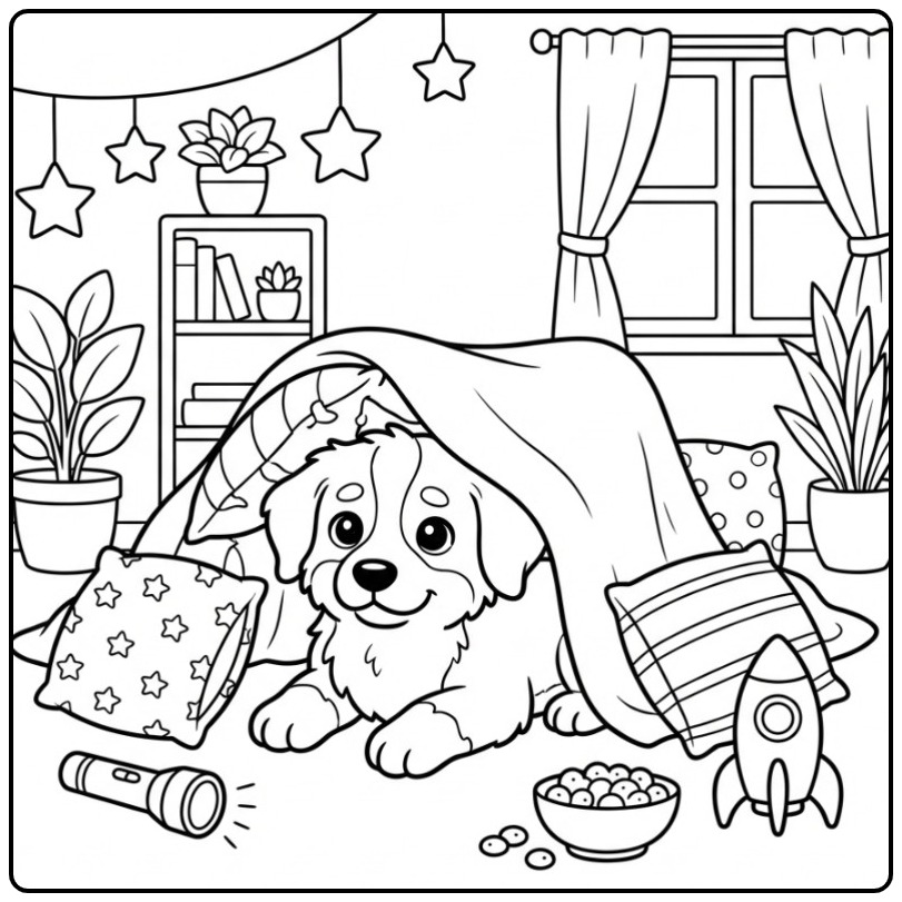 Schattige kleurplaat berner sennenhond in een knus kussenfort.