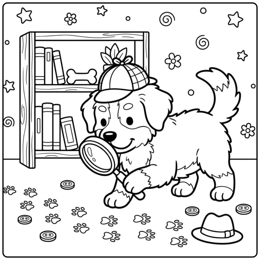 Een schattige kleurplaat berner sennenhond als detective.