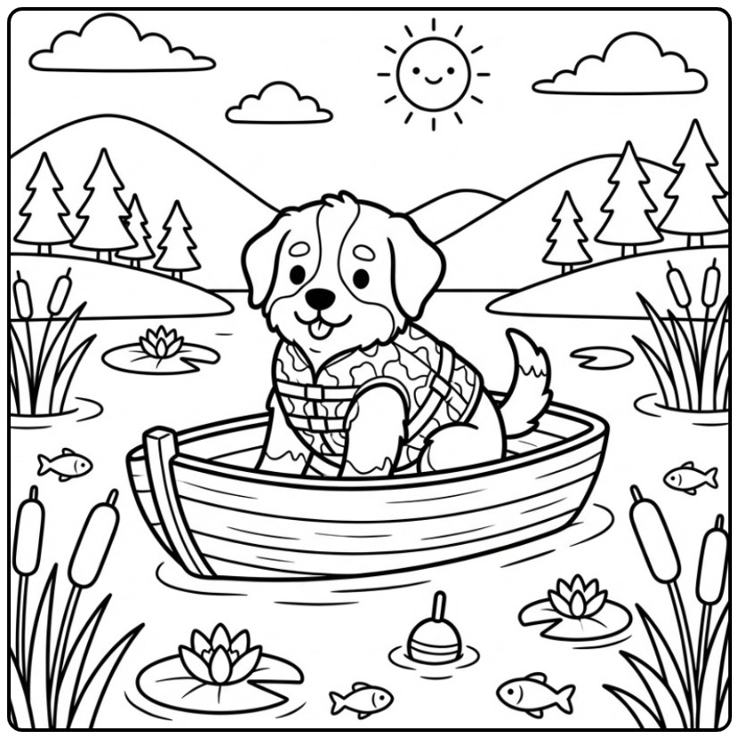 Een vrolijke kleurplaat berner sennenhond in een bootje op een meer.