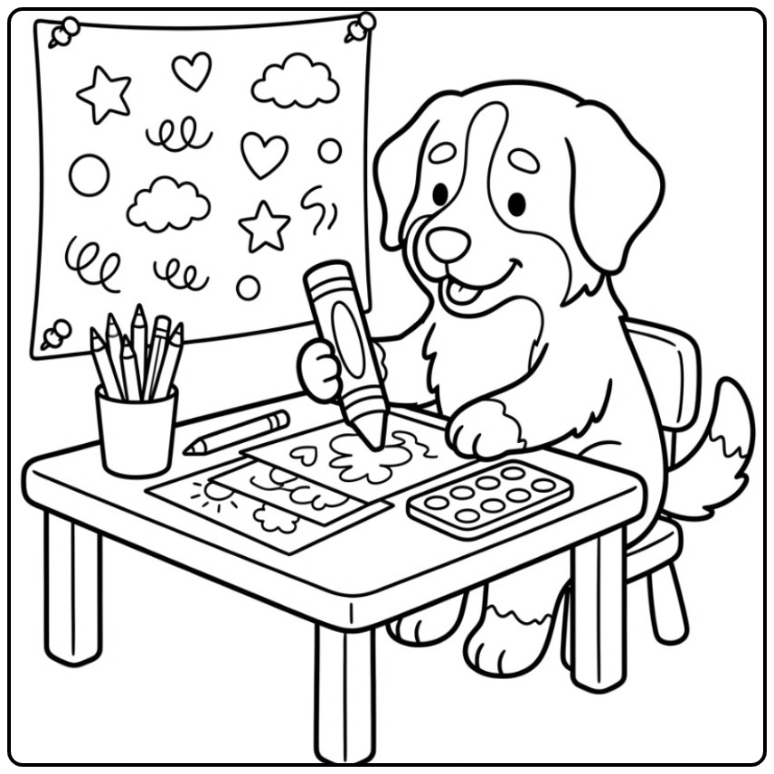 Een creatieve kleurplaat berner sennenhond die aan een tafel tekent.