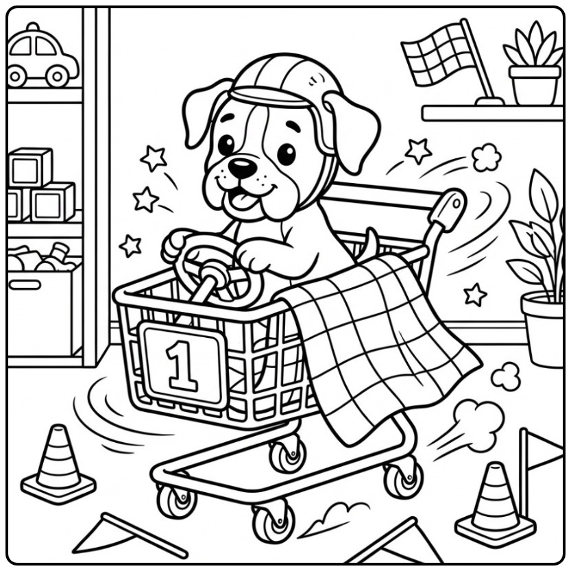 Een vrolijke kleurplaat boxer hond in een snelle winkelwagen.