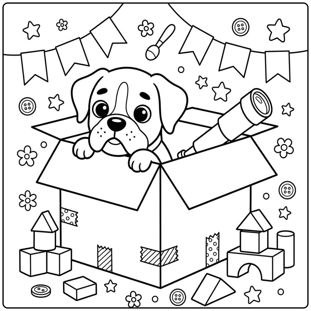 Een schattige kleurplaat boxer hond die uit een doos kijkt.