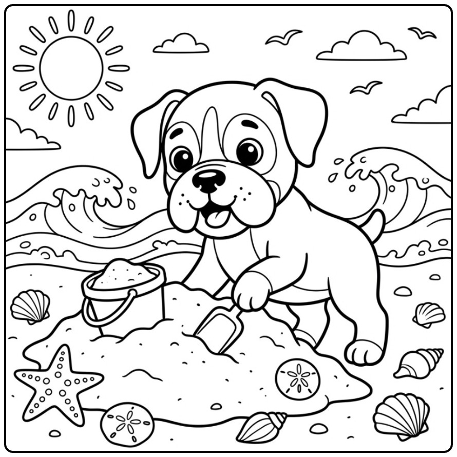 Vrolijke kleurplaat boxer hond die een zandkasteel bouwt.