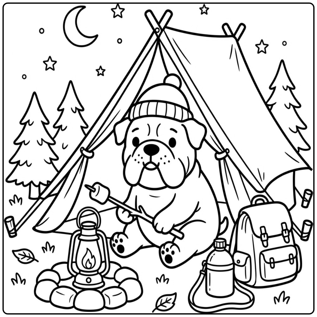 Een schattige kleurplaat bulldog die kampeert in het bos.