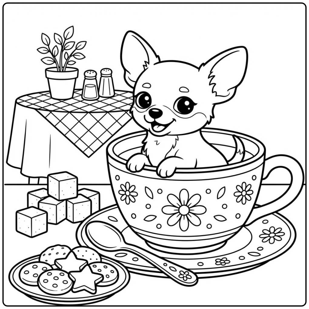 Vrolijke kleurplaat chihuahua in een theekopje met koekjes.