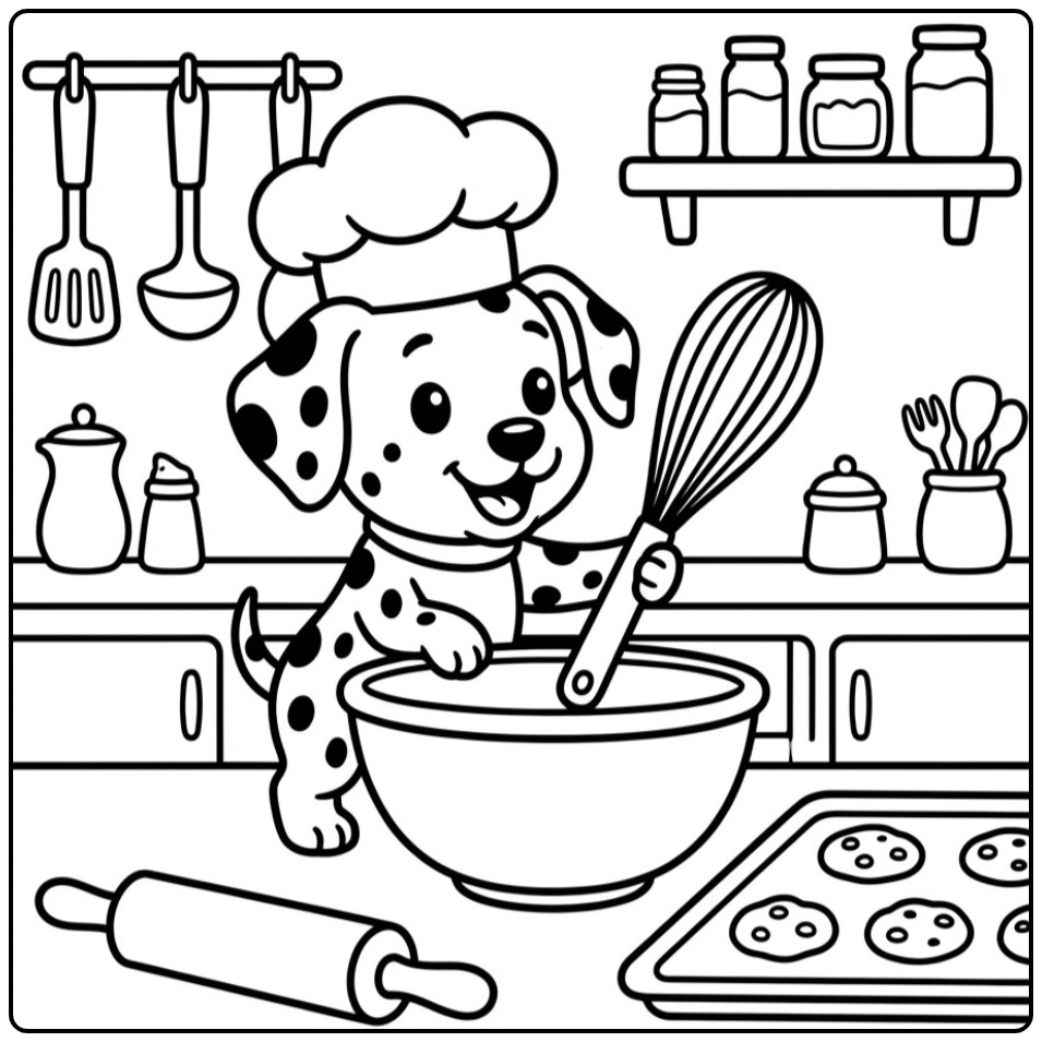 Schattige kleurplaat dalmatier puppy bakt koekjes in de keuken.