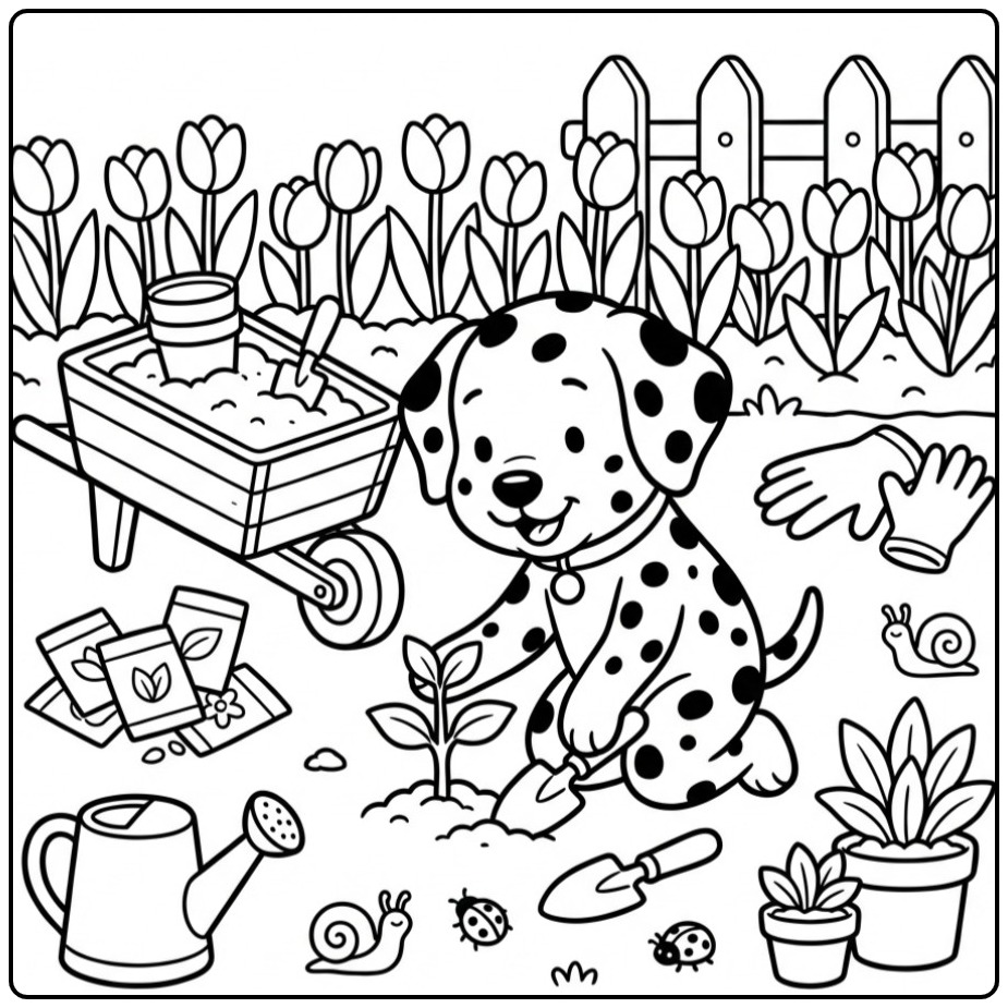 Vrolijke kleurplaat dalmatier puppy die in de tuin werkt.