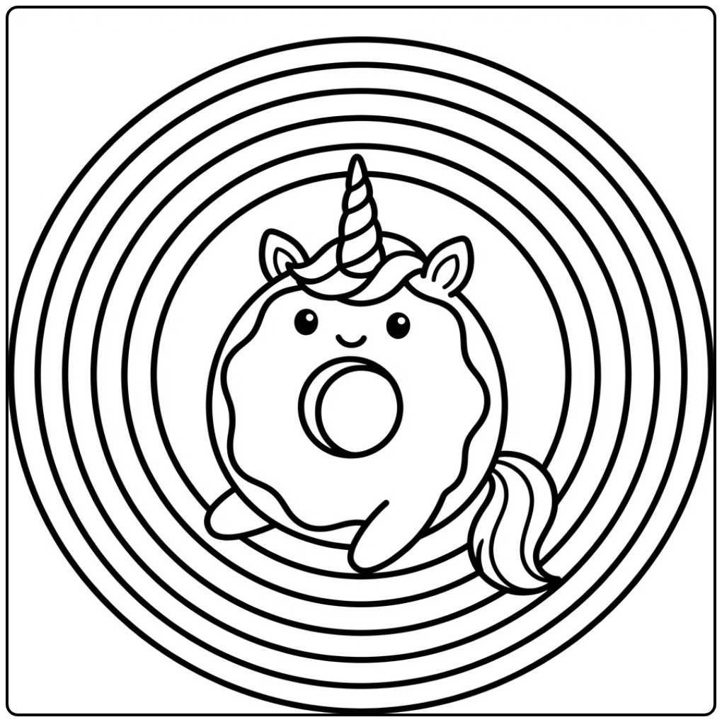 Een vrolijke kleurplaat donut unicorn met een ronde achtergrond.