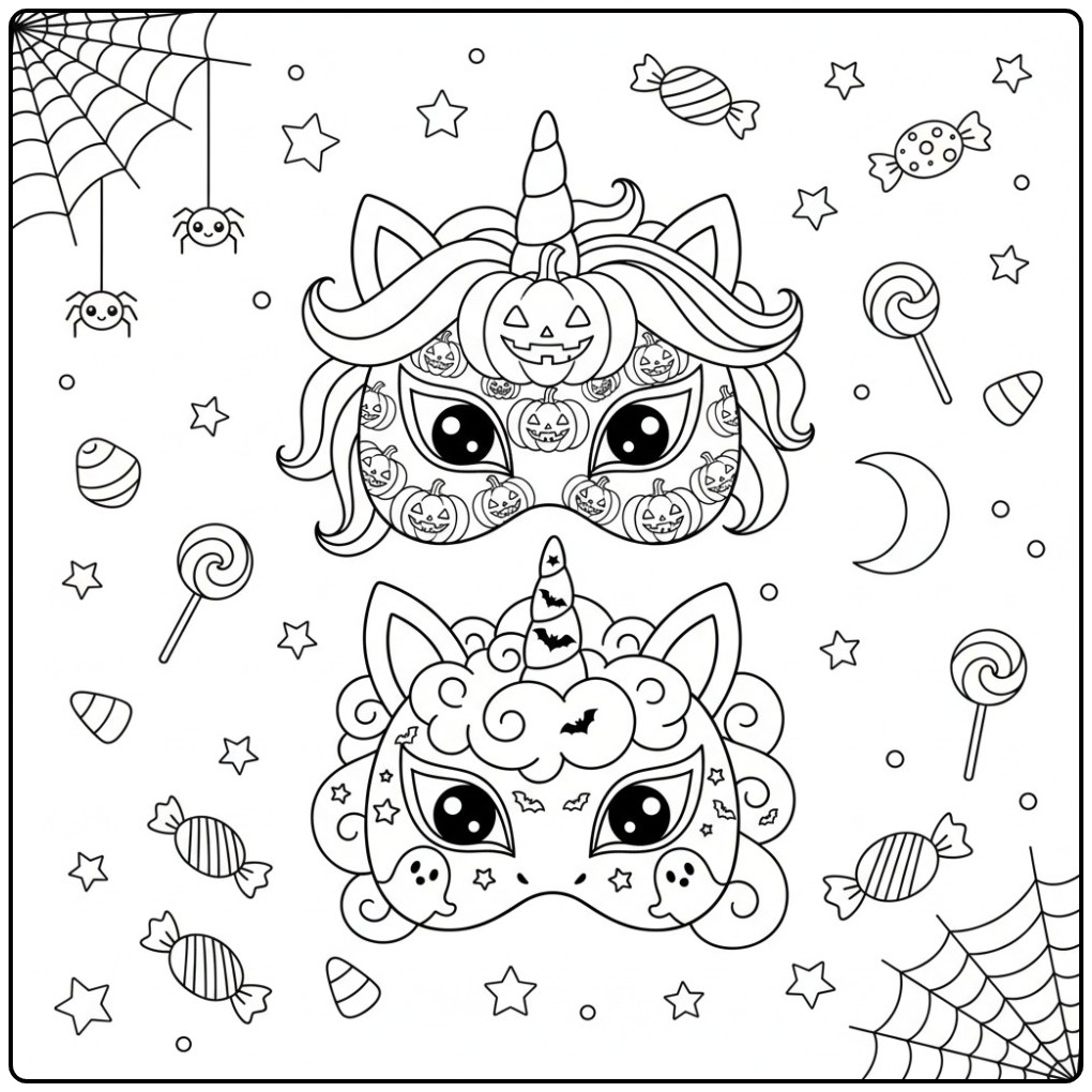 Kleurplaat eenhoorn halloween masker met pompoenen en spoken