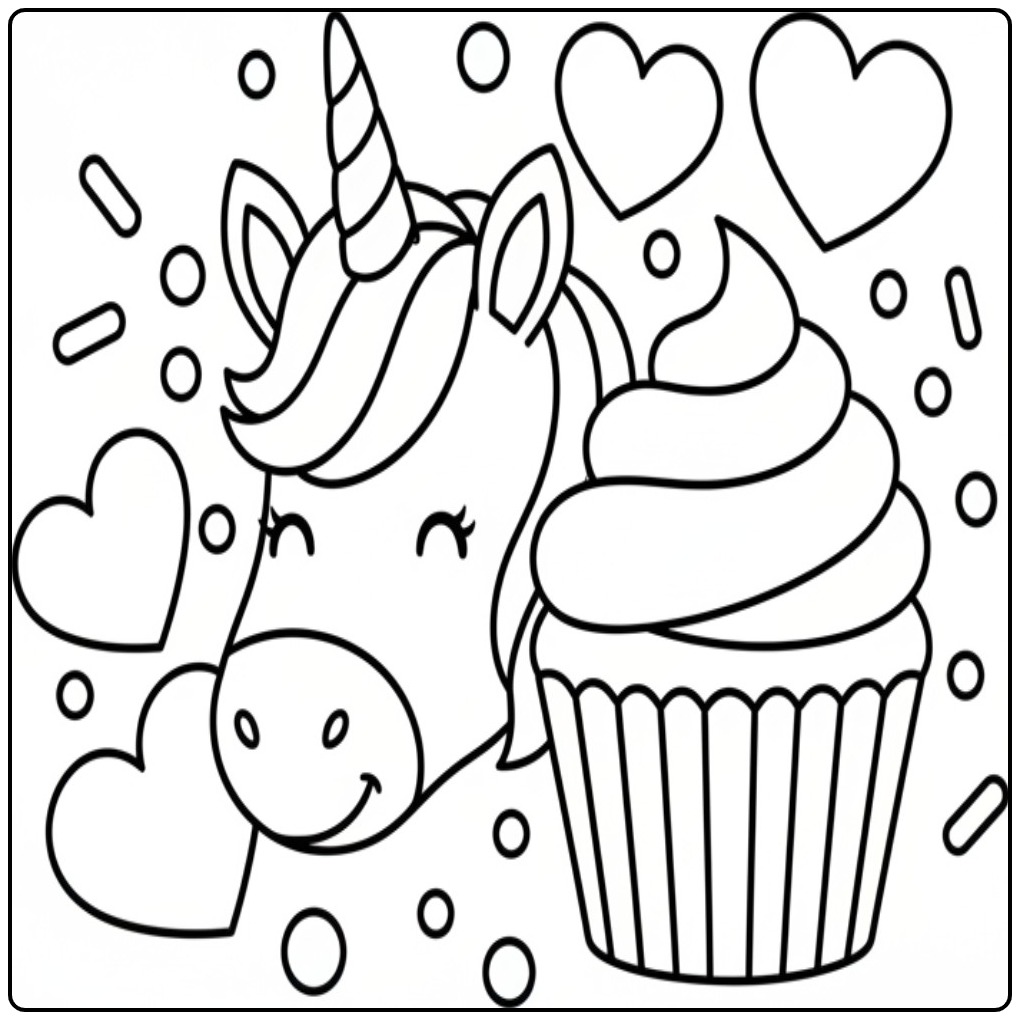 Een schattige kleurplaat eenhoorn hoofd met een cupcake.