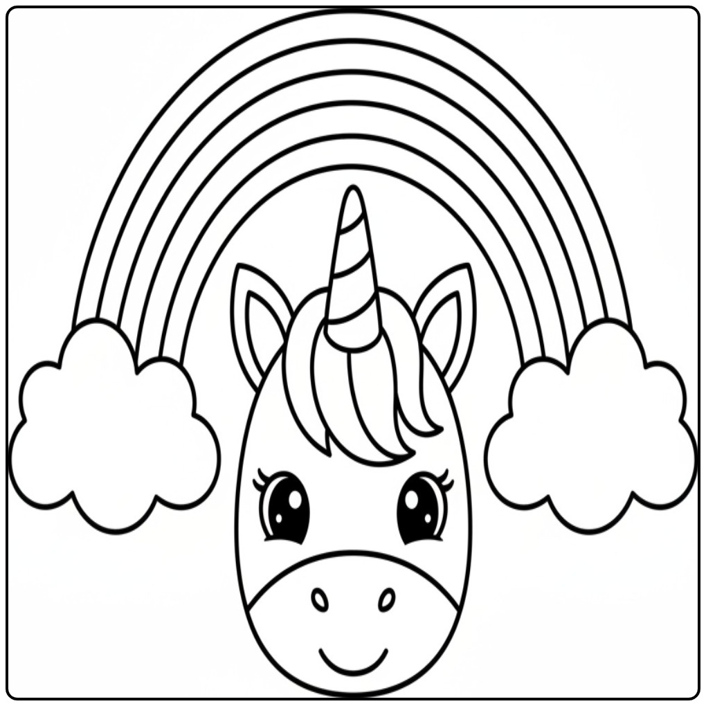 Een blije kleurplaat eenhoorn hoofd met een grote regenboog.