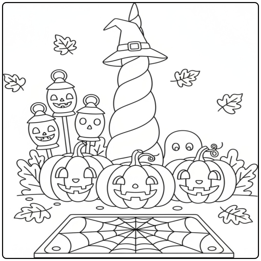 Kleurplaat eenhoorn hoorn halloween met pompoenen en lantaarns.