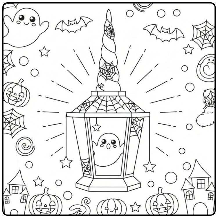 Kleurplaat eenhoorn hoorn halloween met een magische lantaarn.