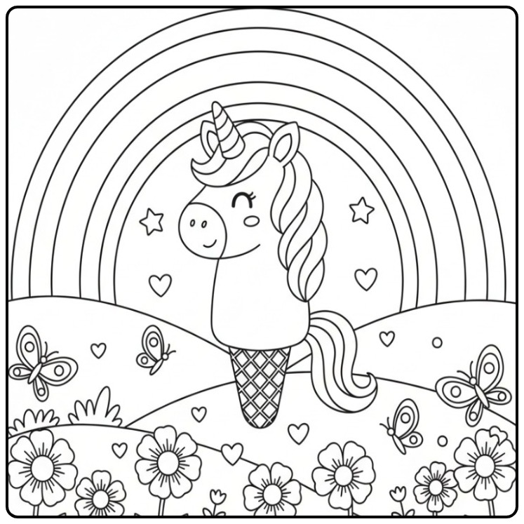 Kleurplaat eenhoorn met ijsje en regenboog tussen bloemen.