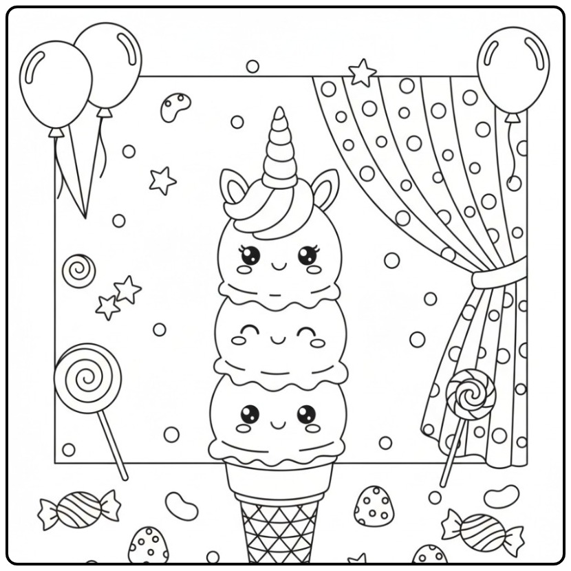 Kleurplaat eenhoorn met ijsje in een hoorntje, klaar om in te kleuren.