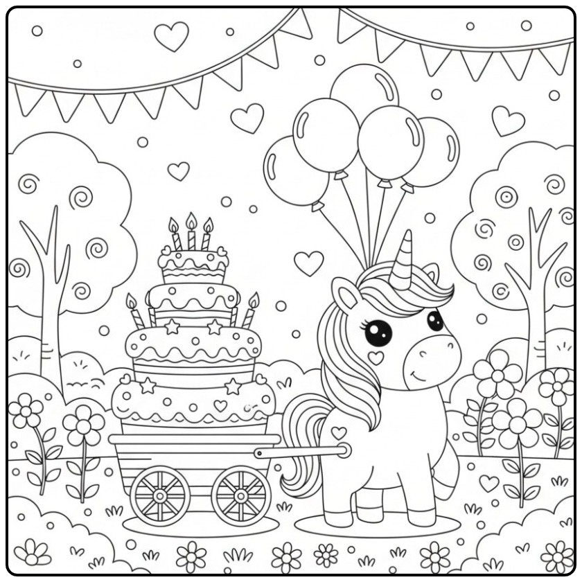 Schattige Kleurplaat eenhoorn met verjaardagstaart en ballonnen.