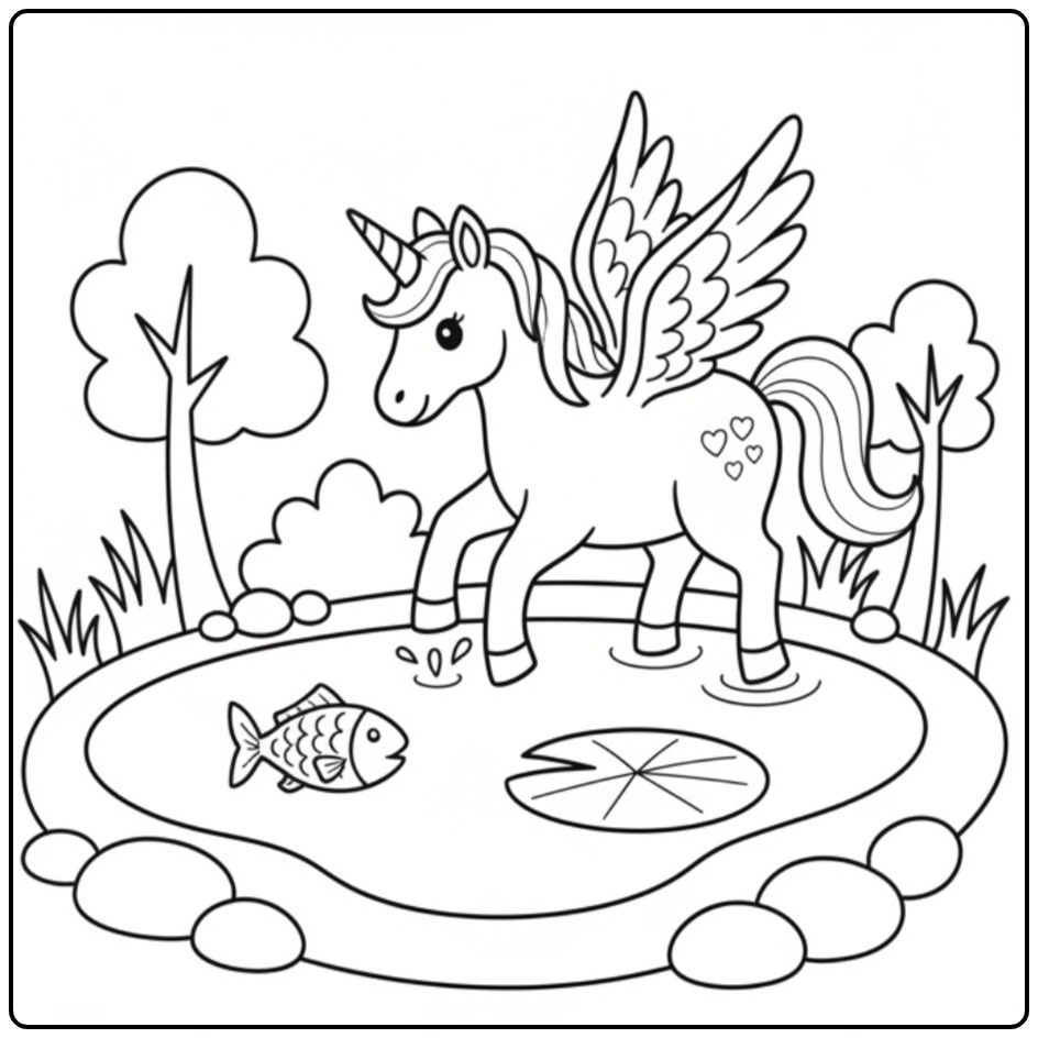 Een schattige kleurplaat eenhoorn met vleugels bij de vijver.