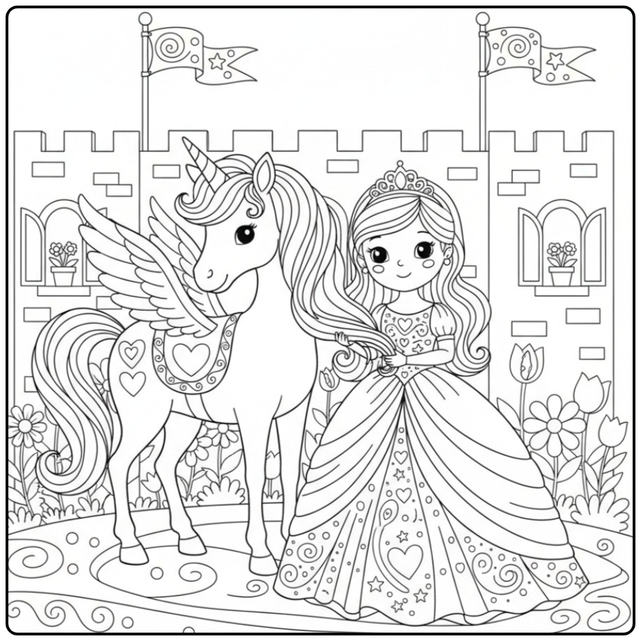 Kleurplaat eenhoorn met vleugels en prinses bij een kasteel.