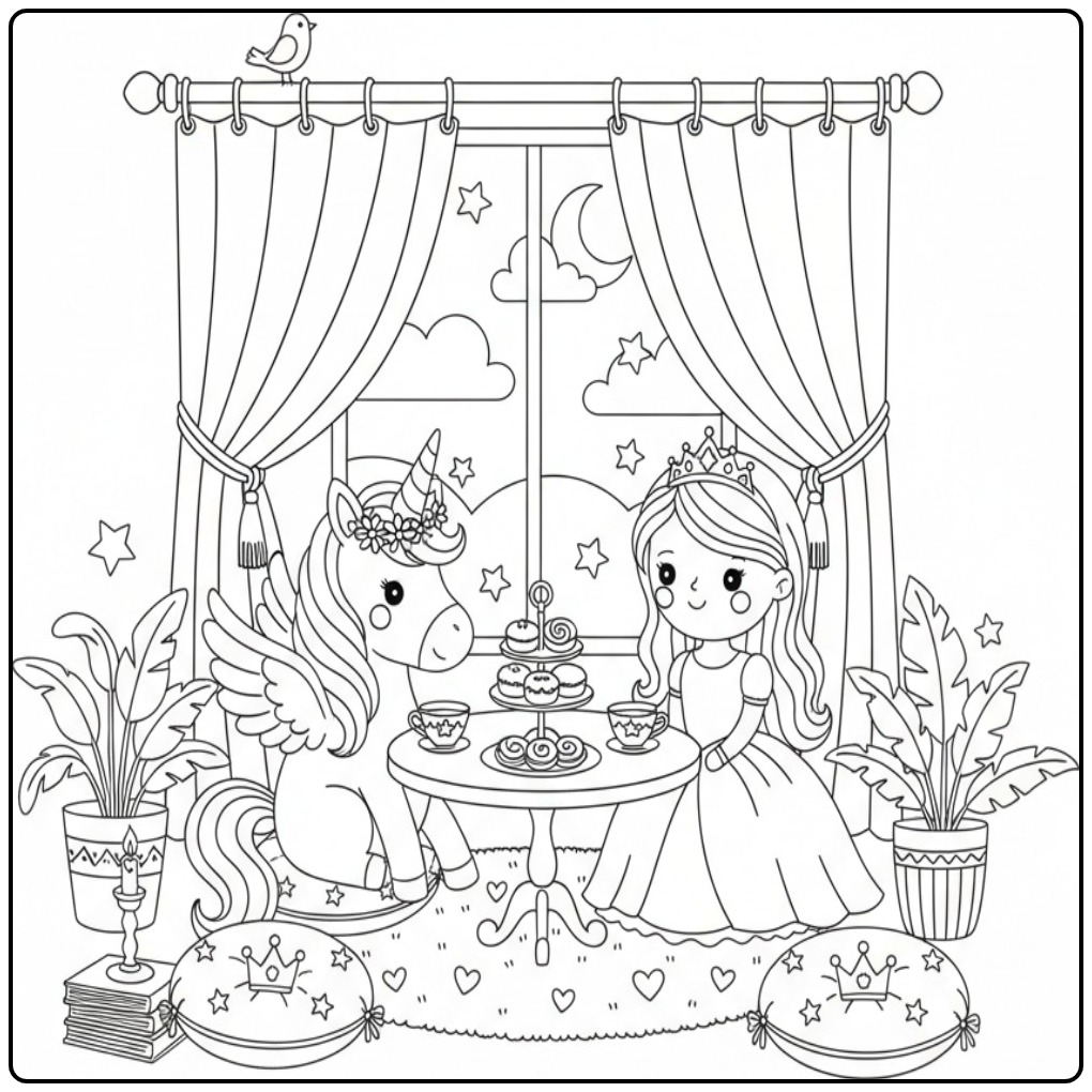 Kleurplaat eenhoorn met vleugels en prinses aan een theetafel.