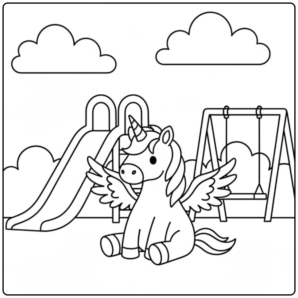 Een schattige kleurplaat eenhoorn met vleugels in de speeltuin.