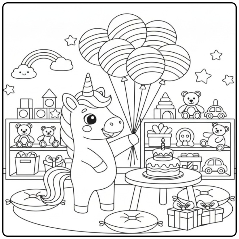 Vrolijke Kleurplaat eenhoorn op een regenboog-verjaardagsfeest.