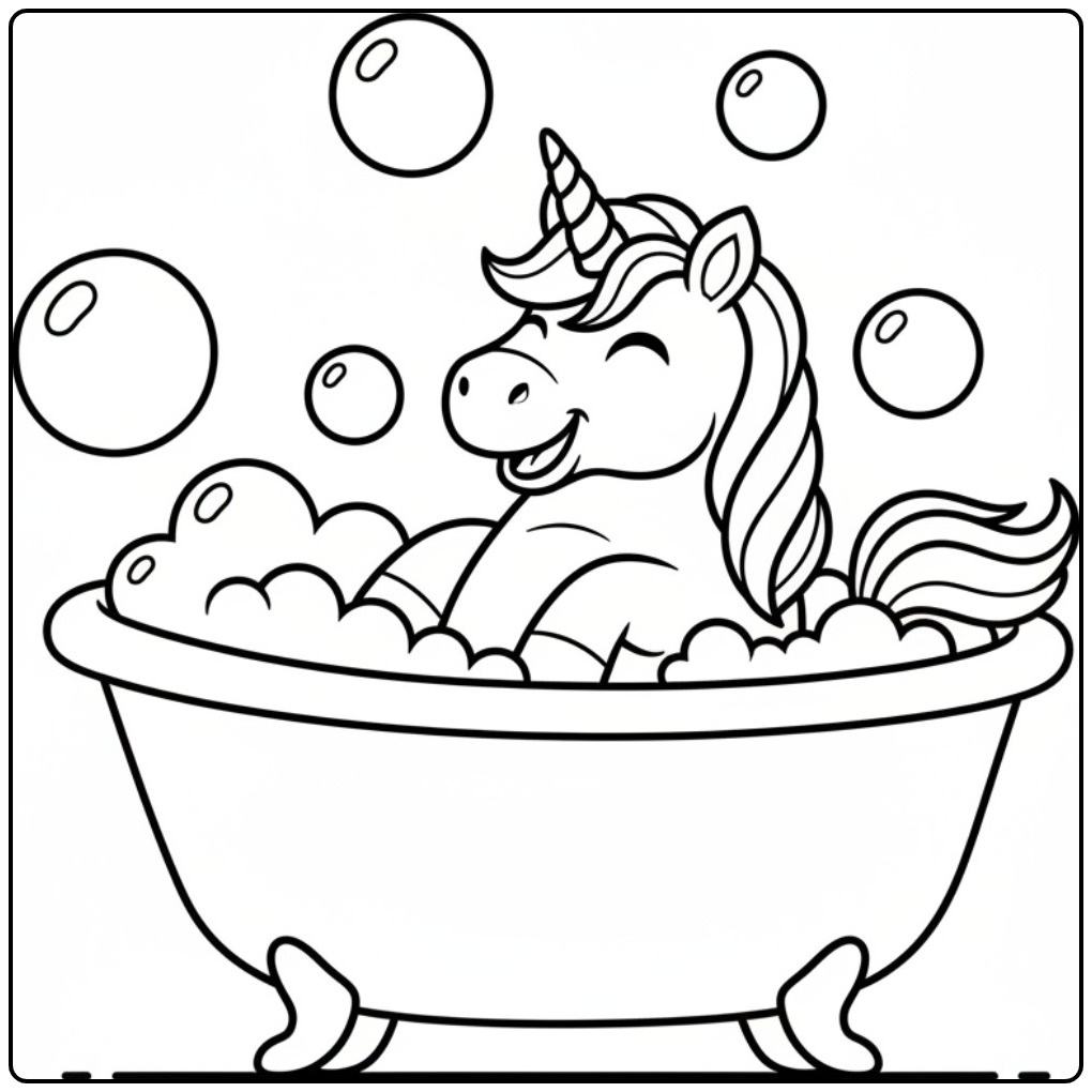 Een vrolijke kleurplaat eenhoorn schattig in een badkuip.