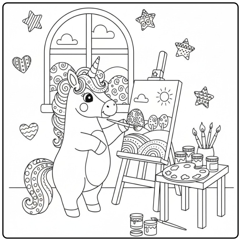 Een kunstzinnige kleurplaat eenhoorn schattig met verf en ezel.
