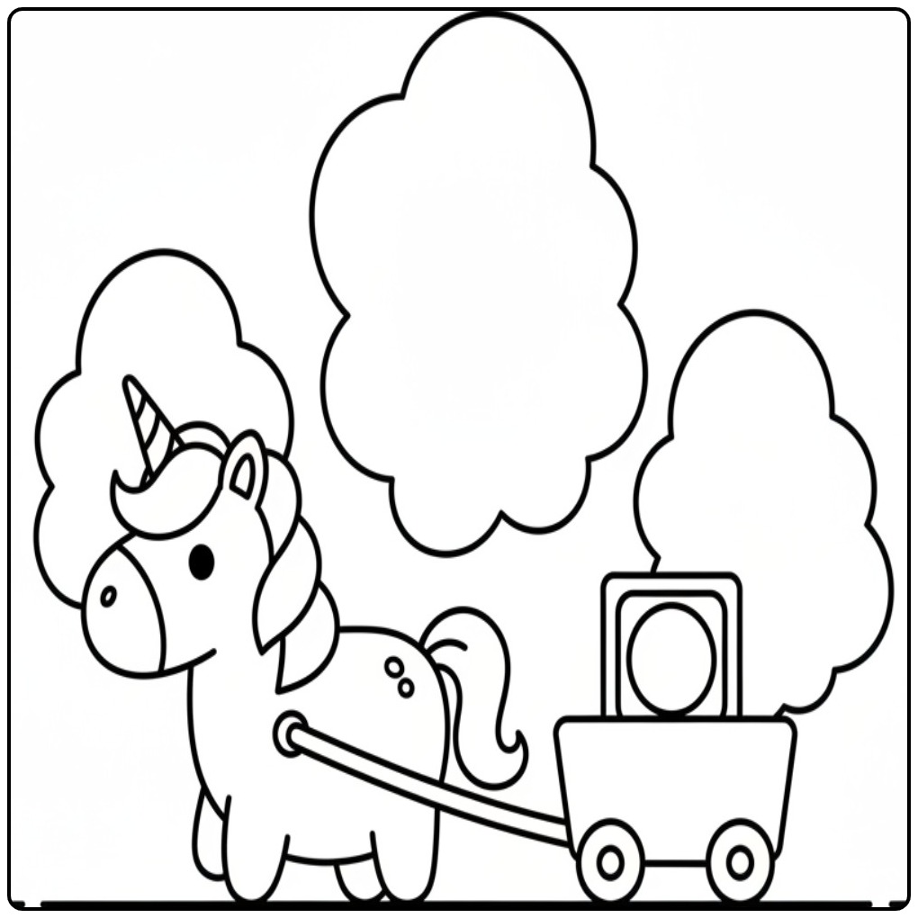Een vrolijke kleurplaat eenhoorn schattig die een karretje trekt.