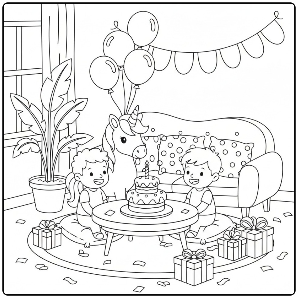 Gezellige Kleurplaat eenhoorn verjaardagsfeest met vrienden.